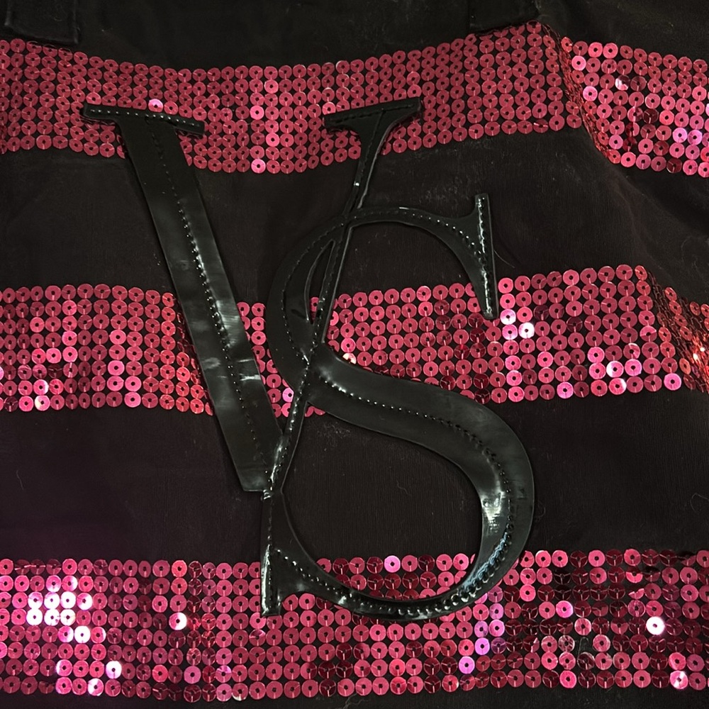 Victoria Secret PINK Pink & Black Sequin Stripe Logo Weekender Tote - Picture 2 of 6